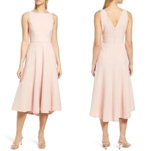 NEW ELIZA J Blush CREPE Bateau Neck FIT & FLARE Panel POCKETS Midi DRESS 14